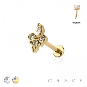 MULTI CZ MARQUISE CLUSTER WITH THREE ROUND CZ THREADLESS (PUSH IN) 316L SURGICAL STEEL LABRET SET